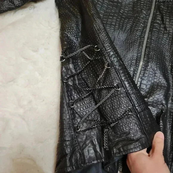 Navarre Croc Embossed Black Buffalo Leather Embroidered Rose Moto Jacket Biker - Picture 9 of 11